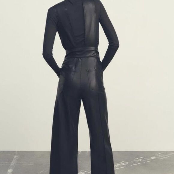 Zara Faux Leather Overalls Jumpsuit XS NWT bloggers favorite straight leg - Picture 2 of 11